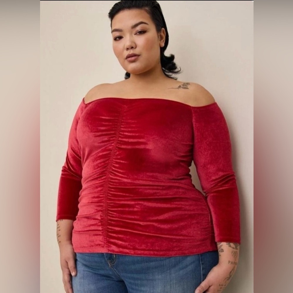 Torrid Size XL Red Velvet Shirred Bodycon Off the Shoulder Y2K Holiday Blouse